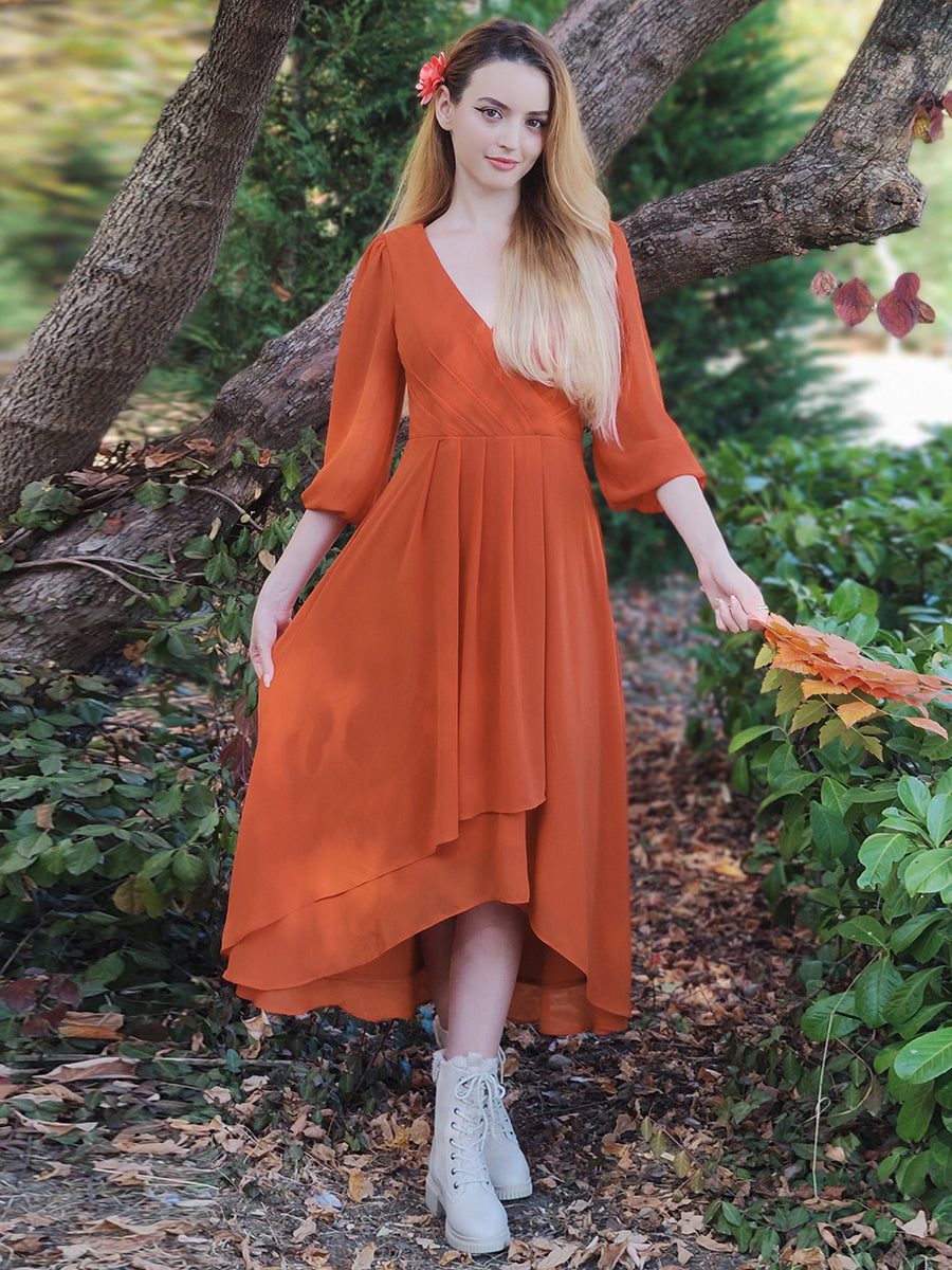 Color=Burnt Orange | Bulk Order Long Sleeve Asymmetrical Hem Deep V-Neck Non-Stretch Wedding Guest Dresses - Burnt Orange 9