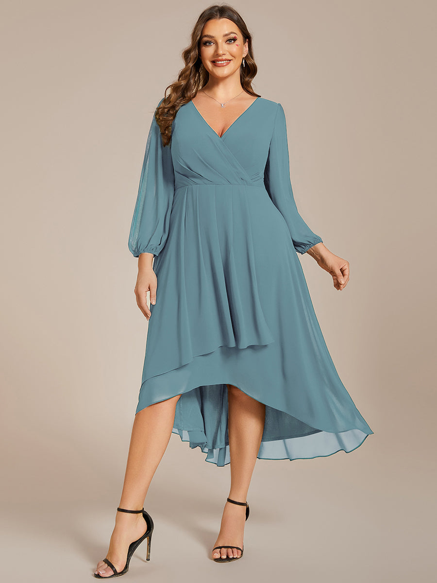 Color=Dusty Blue | Plus Women's Knee-Length Wholesale Homecoming Cocktail Dresses With Short Sleeves-Dusty Blue 4