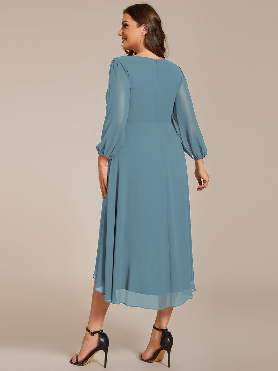 Color=Dusty Blue | Plus Women's Knee-Length Wholesale Homecoming Cocktail Dresses With Short Sleeves-Dusty Blue 3