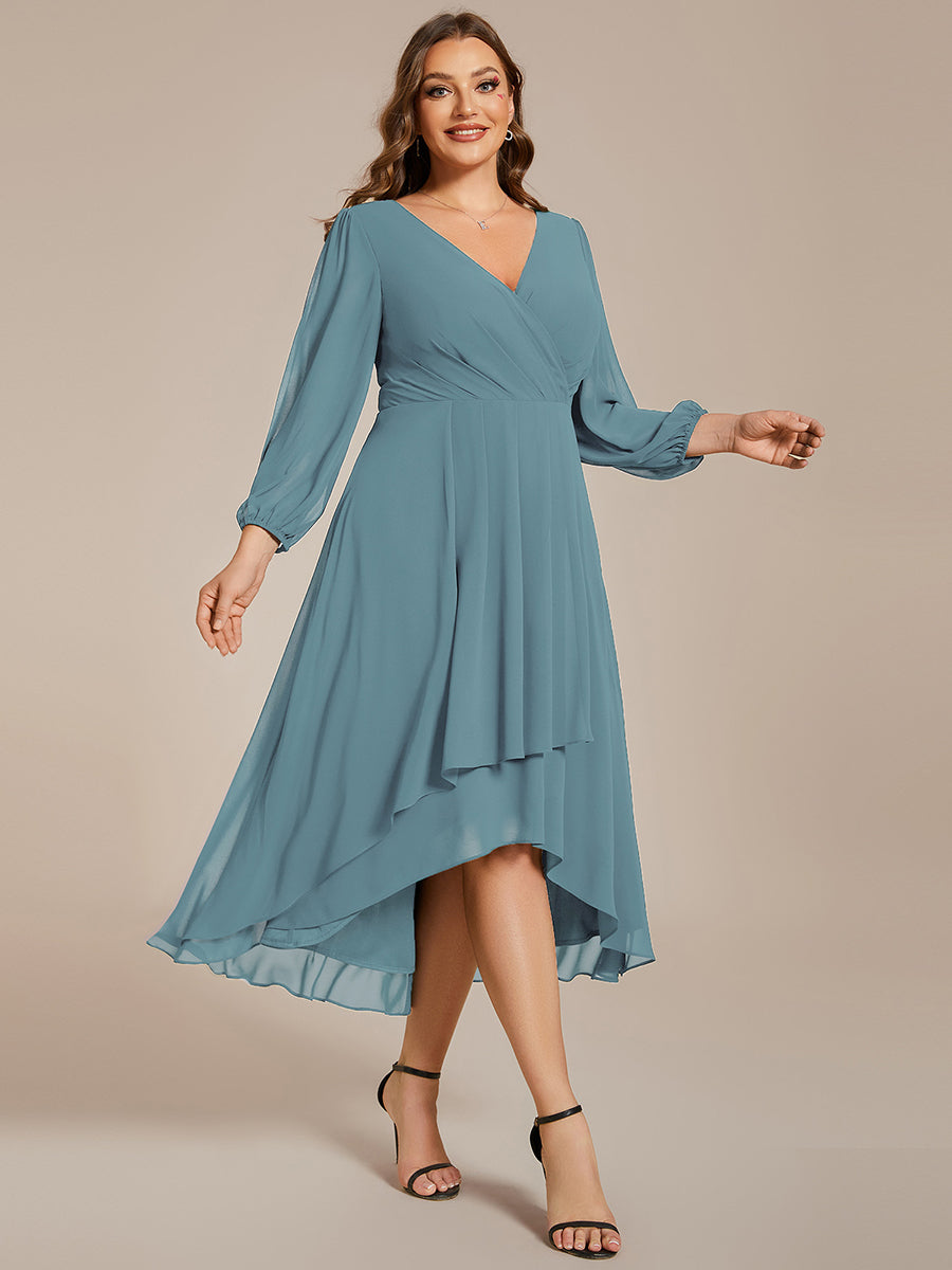 Color=Dusty Blue | Plus Women's Knee-Length Wholesale Homecoming Cocktail Dresses With Short Sleeves-Dusty Blue 5