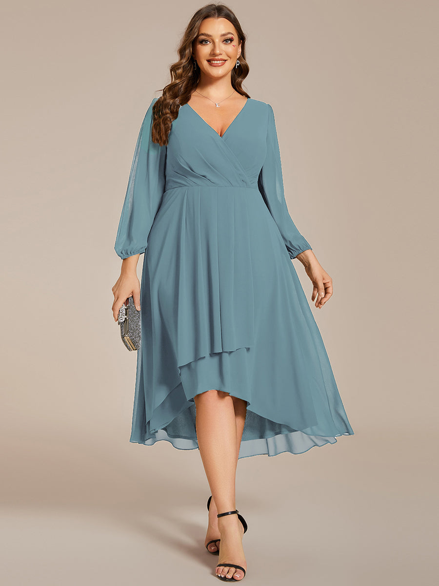 Color=Dusty Blue | Plus Women's Knee-Length Wholesale Homecoming Cocktail Dresses With Short Sleeves-Dusty Blue 1