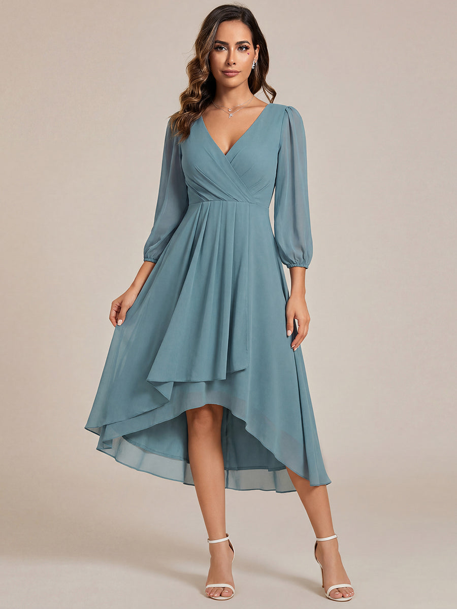 Color=Light Teal | Bulk Order Long Sleeve Asymmetrical Hem Deep V-Neck Non-Stretch Wedding Guest Dresses - Light Teal 7