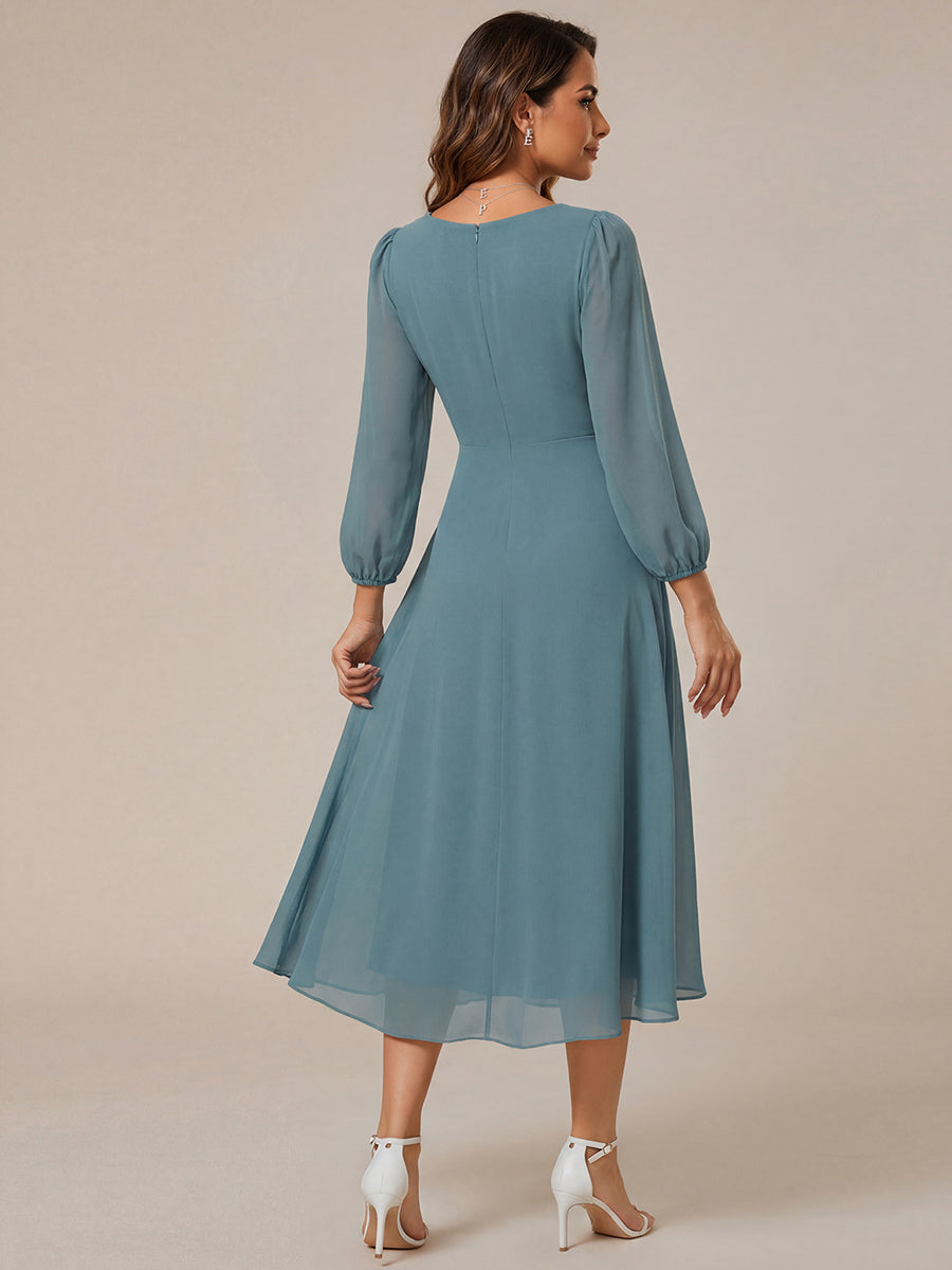 Color=Light Teal | Bulk Order Long Sleeve Asymmetrical Hem Deep V-Neck Non-Stretch Wedding Guest Dresses - Light Teal 8