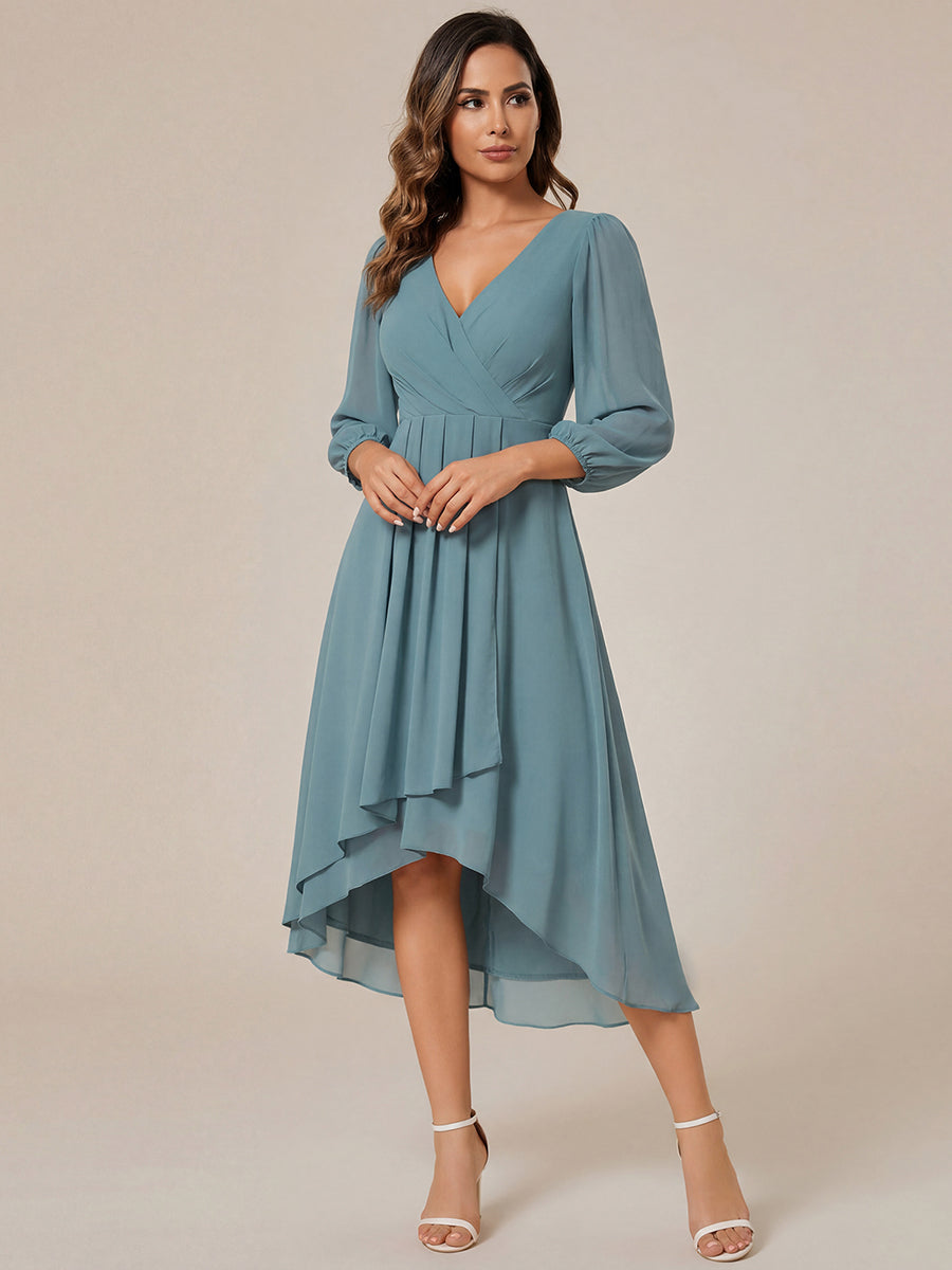 Color=Light Teal | Bulk Order Long Sleeve Asymmetrical Hem Deep V-Neck Non-Stretch Wedding Guest Dresses - Light Teal 10