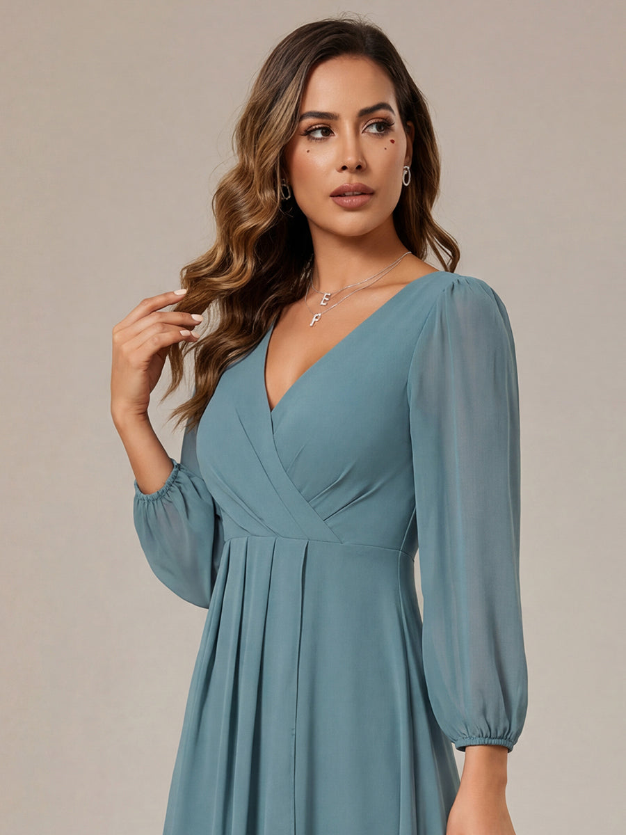 Color=Light Teal | Bulk Order Long Sleeve Asymmetrical Hem Deep V-Neck Non-Stretch Wedding Guest Dresses - Light Teal 11