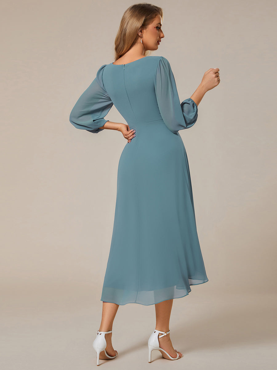 Color=Light Teal | Bulk Order Long Sleeve Asymmetrical Hem Deep V-Neck Non-Stretch Wedding Guest Dresses - Light Teal 3