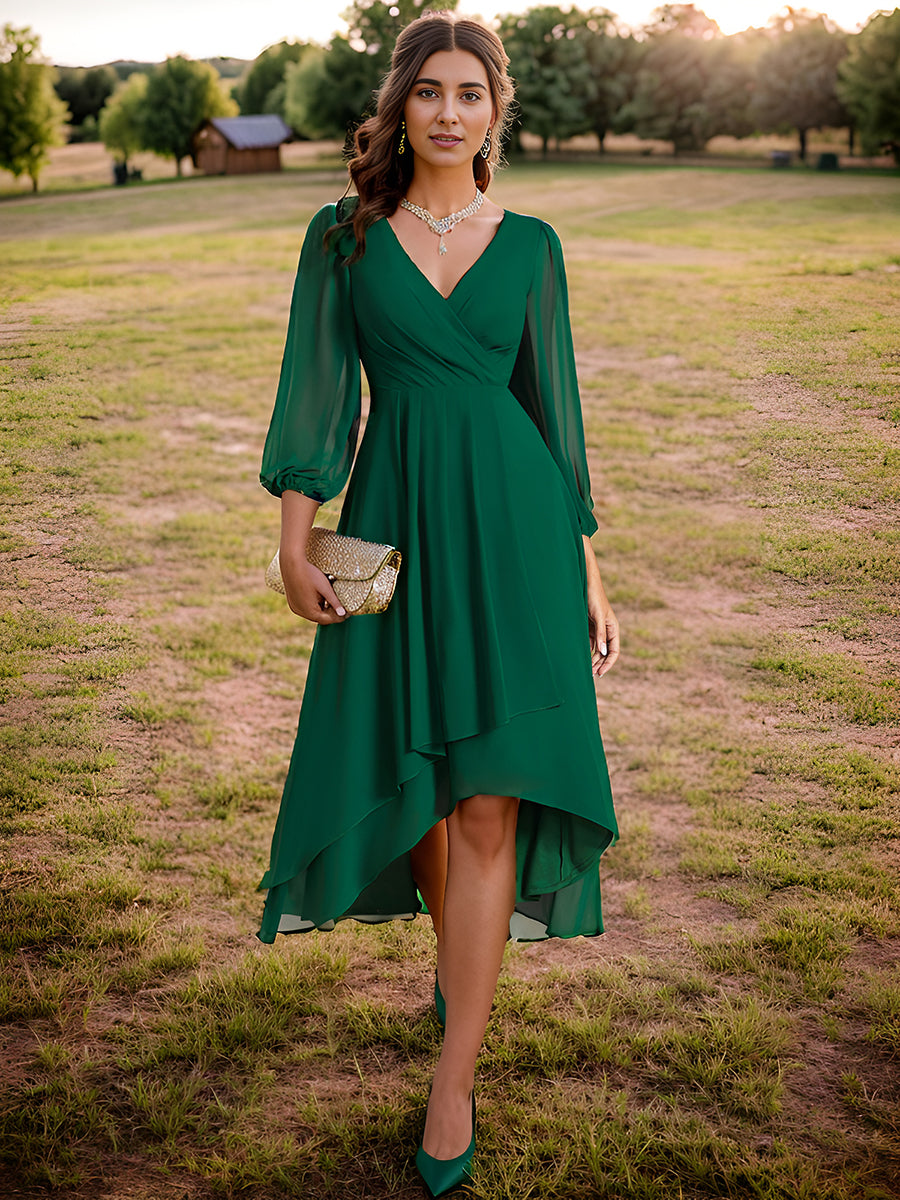 Long Sleeves Pleated Ruffles Chiffon Wholesale Wedding Guest#Color_Dark Green