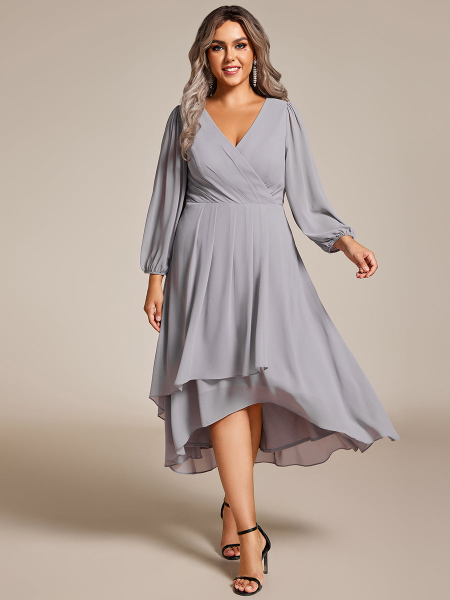 Color=Grey | Plus Women's Knee-Length Wholesale Homecoming Cocktail Dresses With Short Sleeves-Grey 1