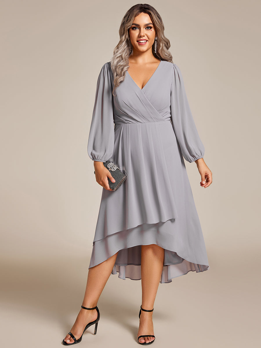 Color=Grey | Plus Women's Knee-Length Wholesale Homecoming Cocktail Dresses With Short Sleeves-Grey 1
