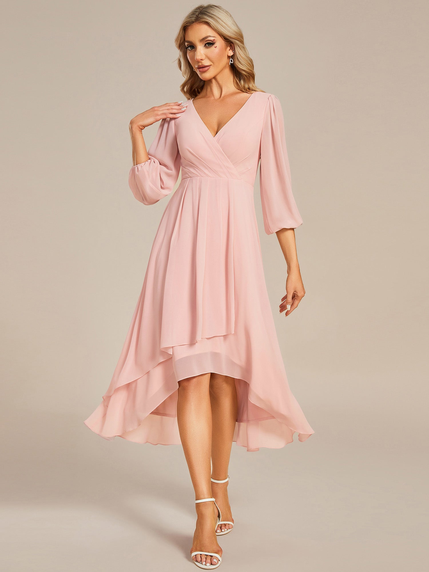 Color=Pink | Women's Knee-Length Wholesale Homecoming Cocktail Dresses With Short Sleeves-Pink 2