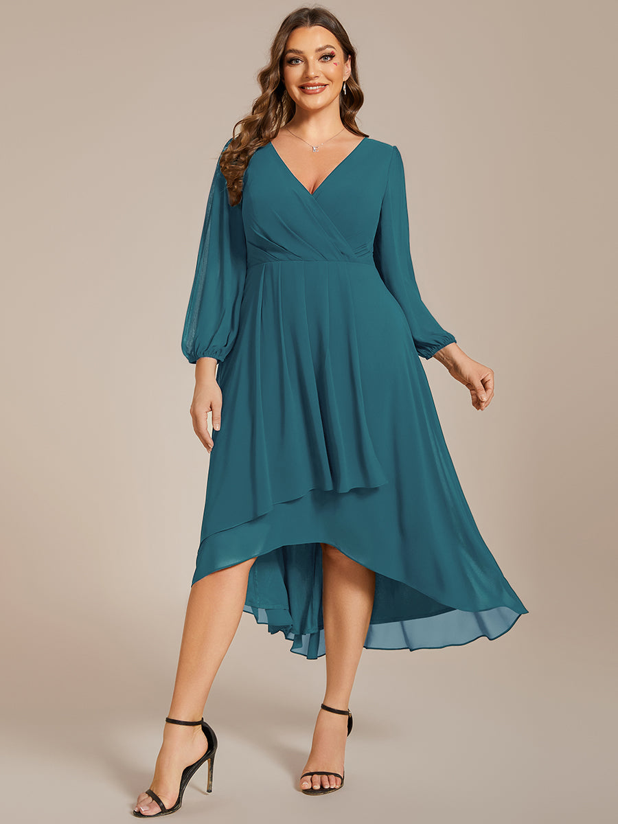 Color=Teal | Plus Women's Knee-Length Wholesale Homecoming Cocktail Dresses With Short Sleeves-Teal 5