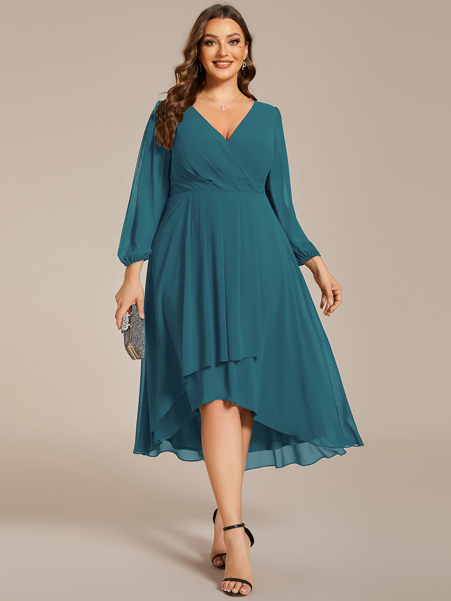 Color=Teal | Plus Women's Knee-Length Wholesale Homecoming Cocktail Dresses With Short Sleeves-Teal 3