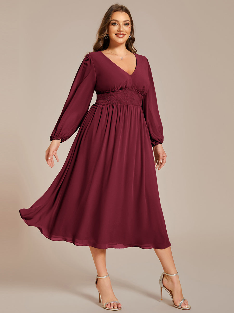 Color=Burgundy | Plus Size Knee Length Chiffon Wholesale Wedding Guest Dresses With Long Sleeves-Burgundy 4