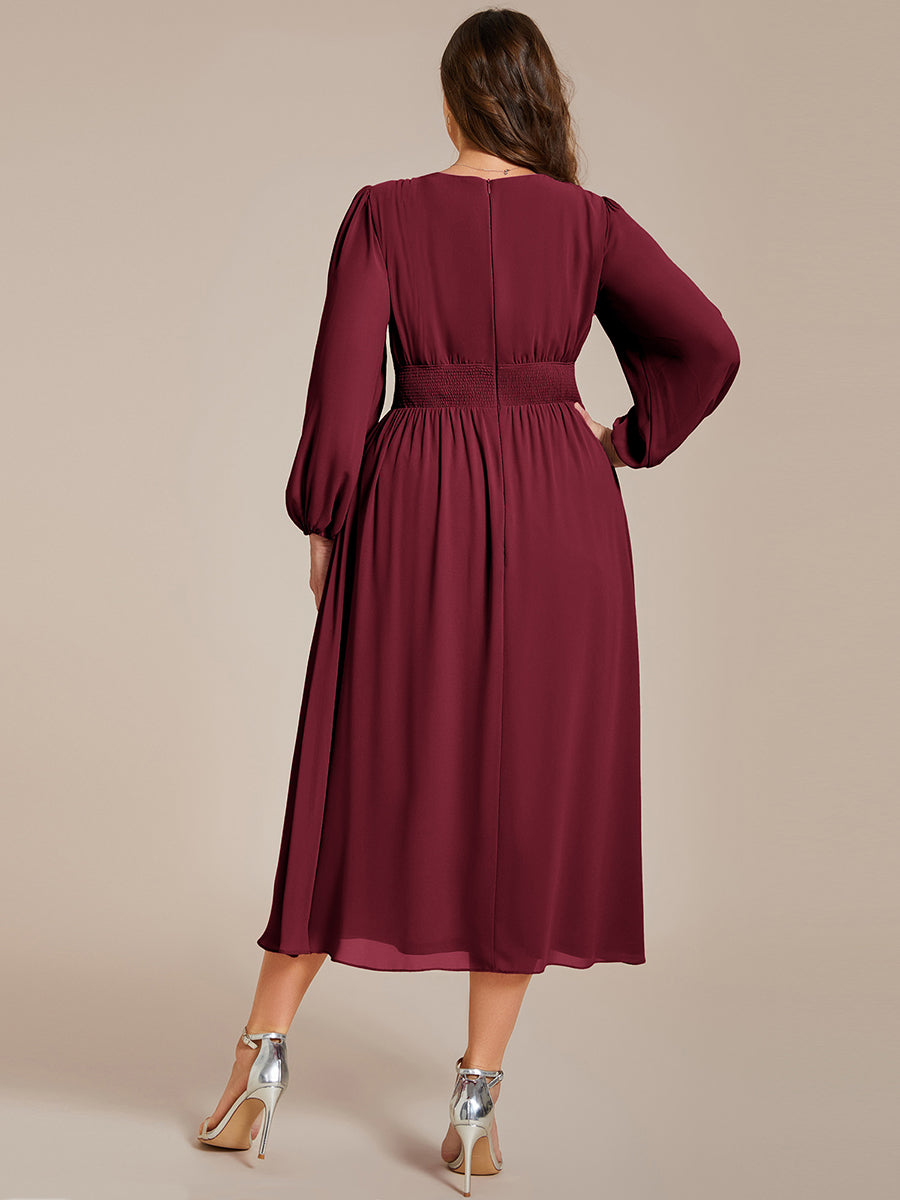 Color=Burgundy | Plus Size Knee Length Chiffon Wholesale Wedding Guest Dresses With Long Sleeves-Burgundy 3