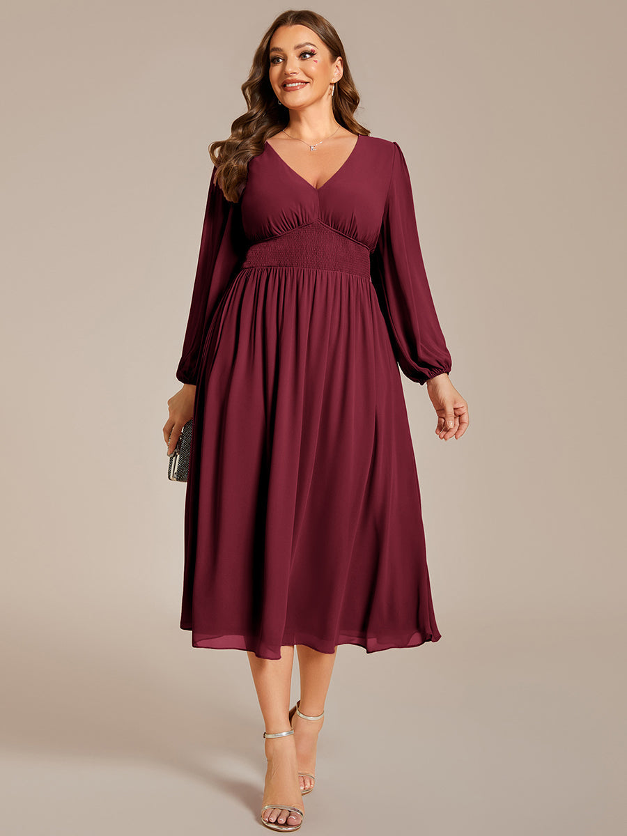 Color=Burgundy | Plus Size Knee Length Chiffon Wholesale Wedding Guest Dresses With Long Sleeves-Burgundy 2