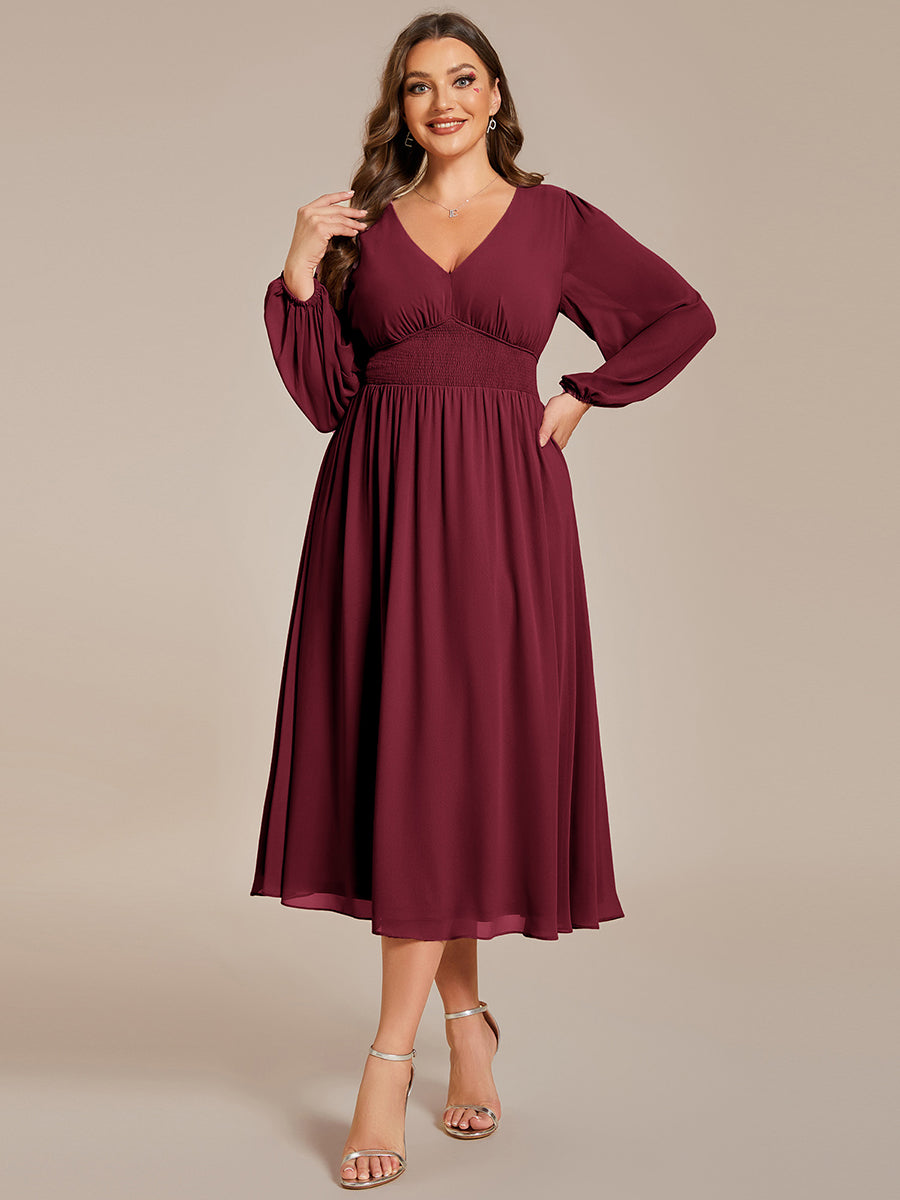 Color=Burgundy | Plus Size Knee Length Chiffon Wholesale Wedding Guest Dresses With Long Sleeves-Burgundy 1