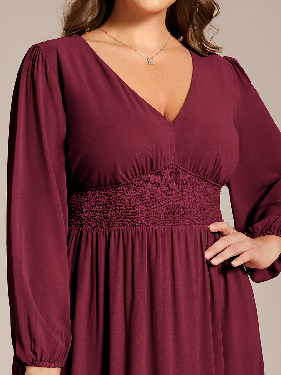 Color=Burgundy | Plus Size Knee Length Chiffon Wholesale Wedding Guest Dresses With Long Sleeves-Burgundy 5