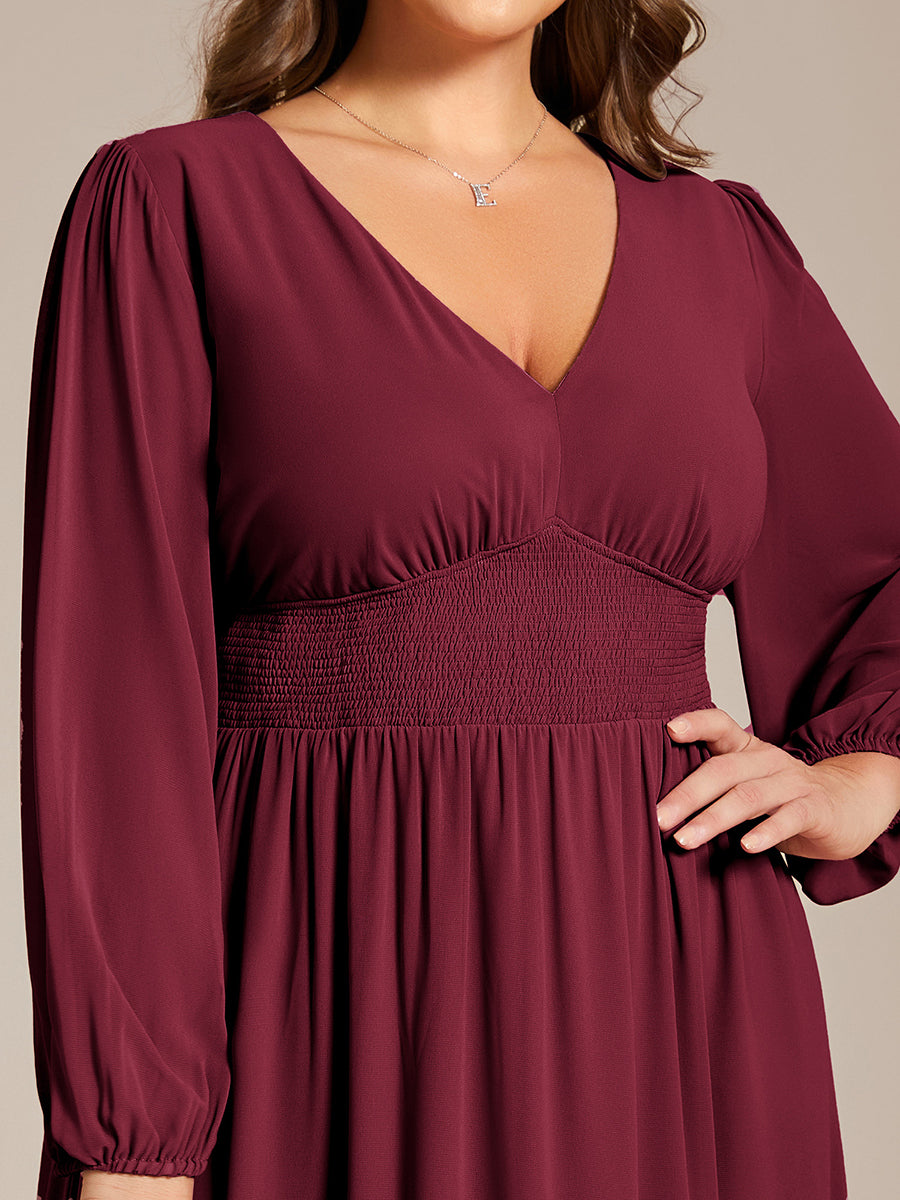 Color=Burgundy | Plus Size Knee Length Chiffon Wholesale Wedding Guest Dresses With Long Sleeves-Burgundy 5