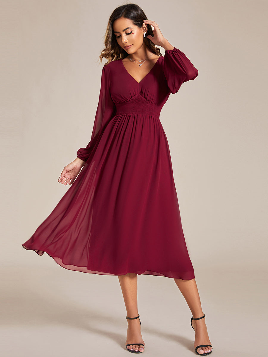 Knee Length Long Sleeves Chiffon Wholesale Wedding Guest Dresses#Color_Burgundy