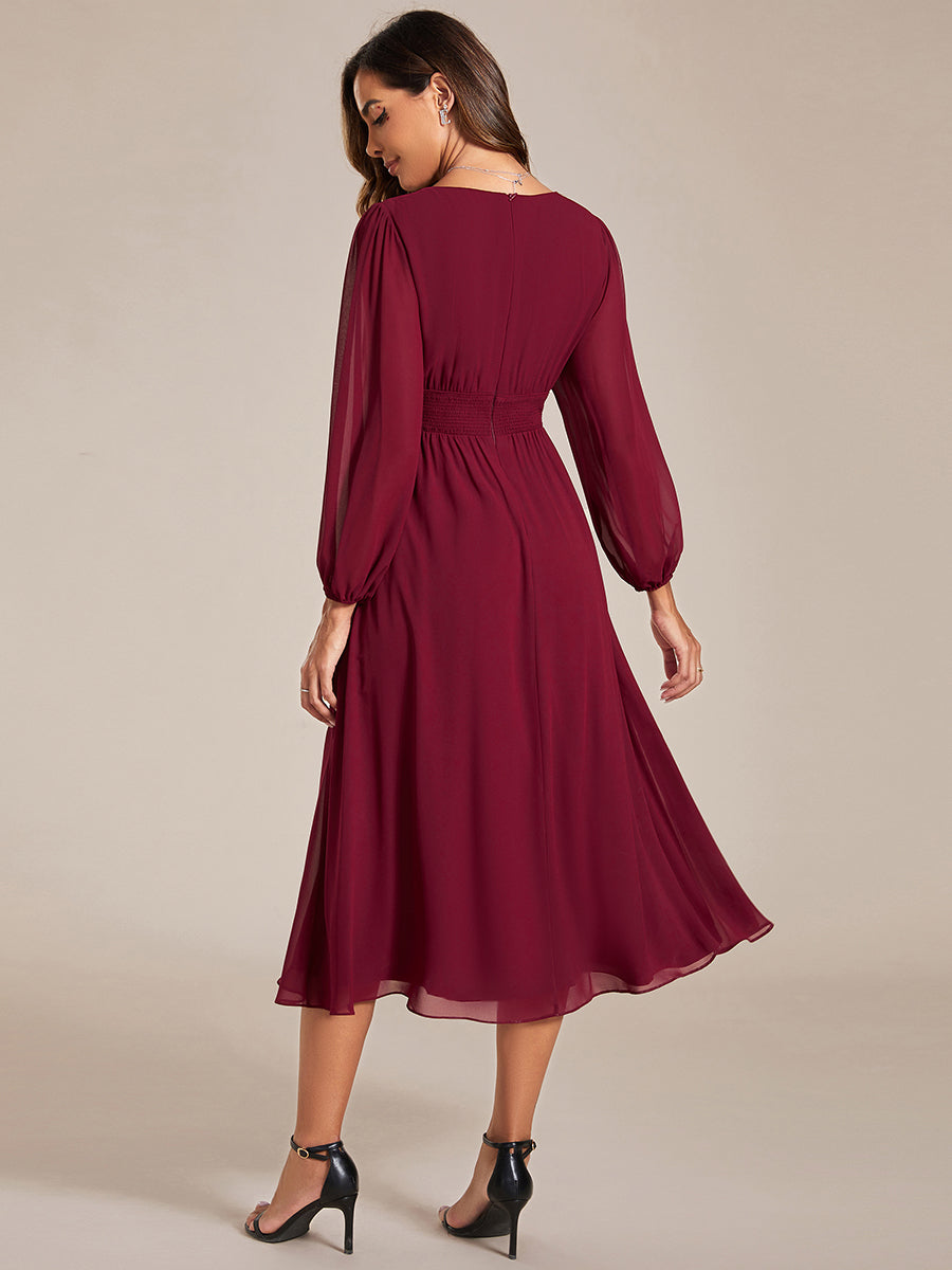 Knee Length Long Sleeves Chiffon Wholesale Wedding Guest Dresses#Color_Burgundy