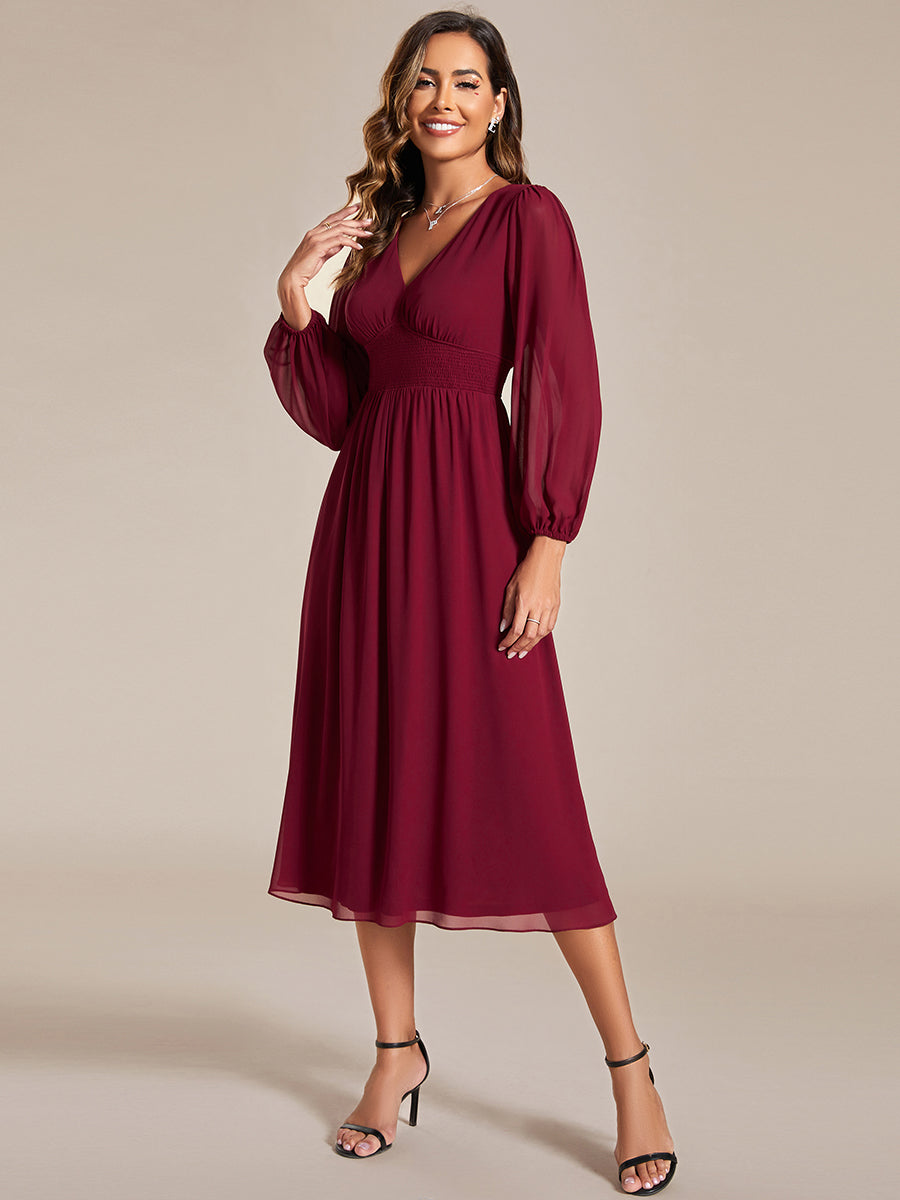 Knee Length Long Sleeves Chiffon Wholesale Wedding Guest Dresses#Color_Burgundy