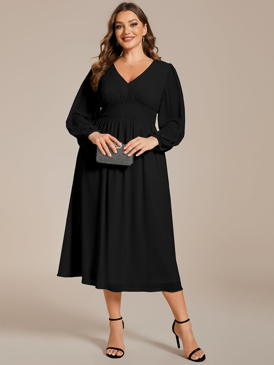 Color=Black | Plus Size Knee Length Chiffon Wholesale Wedding Guest Dresses With Long Sleeves-Black 10