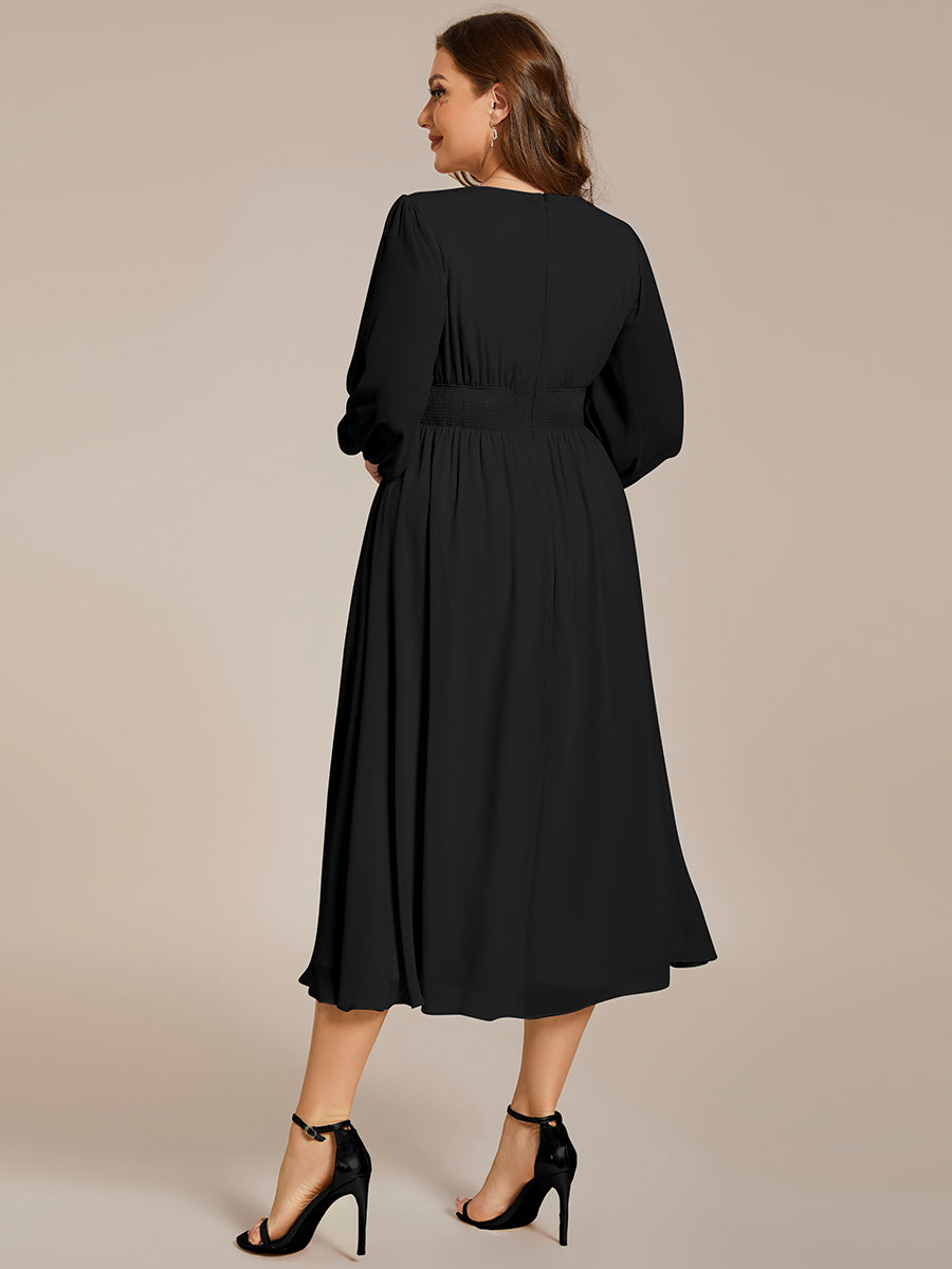 Color=Black | Plus Size Knee Length Chiffon Wholesale Wedding Guest Dresses With Long Sleeves-Black 7