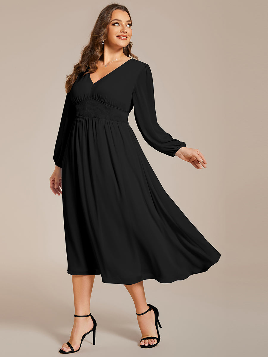 Color=Black | Plus Size Knee Length Chiffon Wholesale Wedding Guest Dresses With Long Sleeves-Black 6