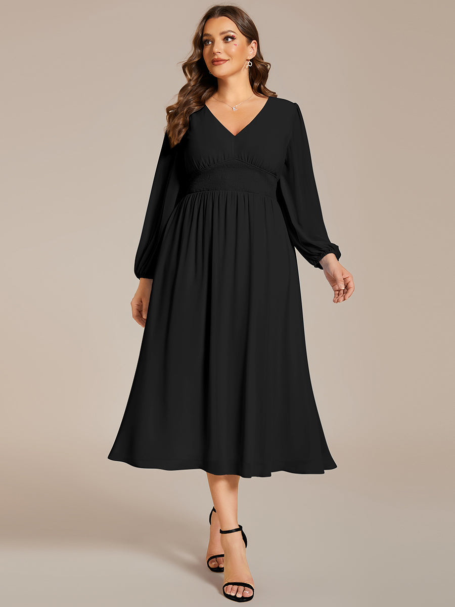 Color=Black | Plus Size Knee Length Chiffon Wholesale Wedding Guest Dresses With Long Sleeves-Black 8