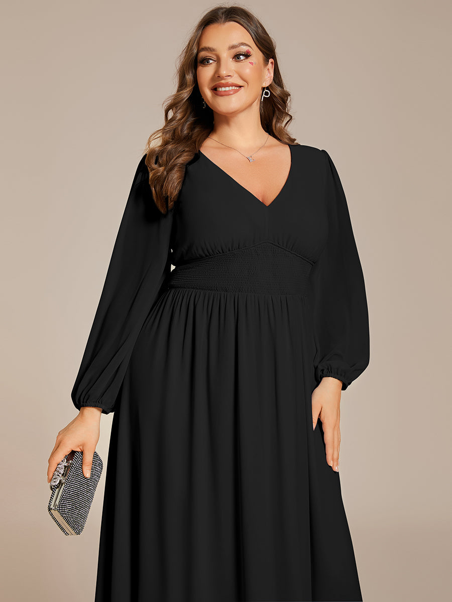 Color=Black | Plus Size Knee Length Chiffon Wholesale Wedding Guest Dresses With Long Sleeves-Black 9