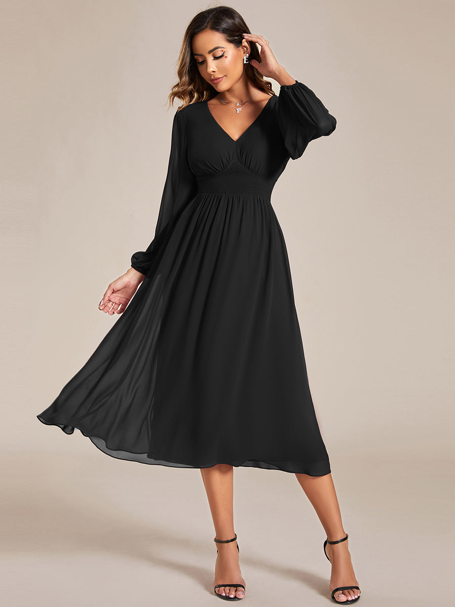 Knee Length Long Sleeves Chiffon Wholesale Wedding Guest Dresses#Color_Black