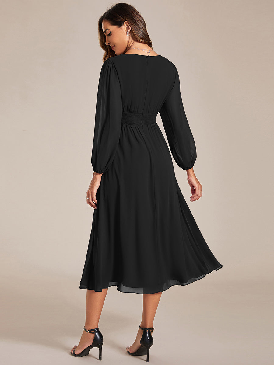 Knee Length Long Sleeves Chiffon Wholesale Wedding Guest Dresses#Color_Black