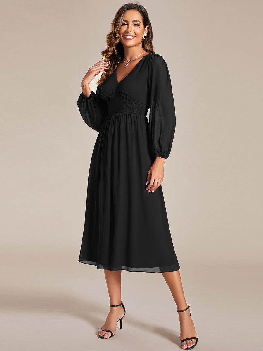 Knee Length Long Sleeves Chiffon Wholesale Wedding Guest Dresses#Color_Black