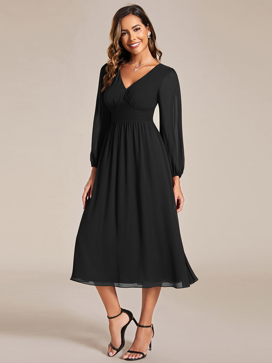 Knee Length Long Sleeves Chiffon Wholesale Wedding Guest Dresses#Color_Black