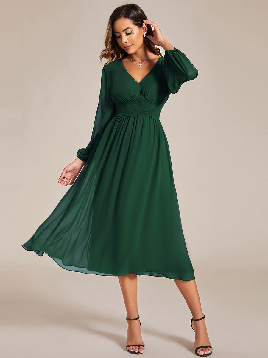 Knee Length Long Sleeves Chiffon Wholesale Wedding Guest Dresses#Color_Dark Green