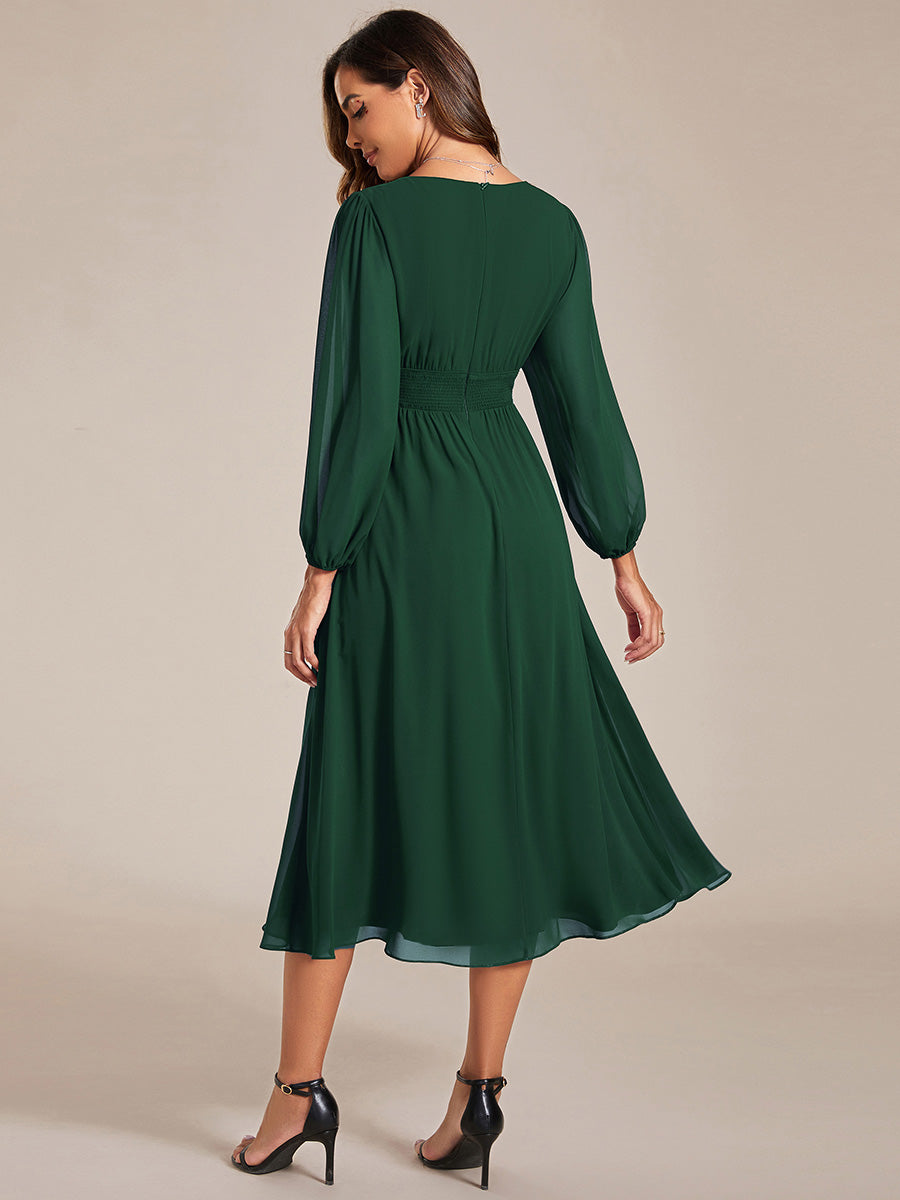 Knee Length Long Sleeves Chiffon Wholesale Wedding Guest Dresses#Color_Dark Green