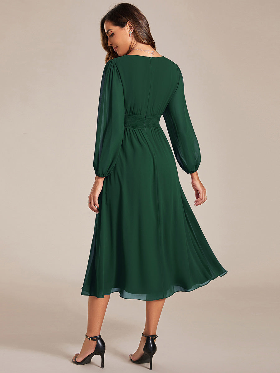 Plus Size Knee Length Chiffon Wholesale Wedding Guest Dresses With Long Sleeves#Color_Dark Green