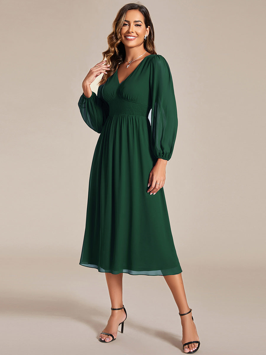 Plus Size Knee Length Chiffon Wholesale Wedding Guest Dresses With Long Sleeves#Color_Dark Green