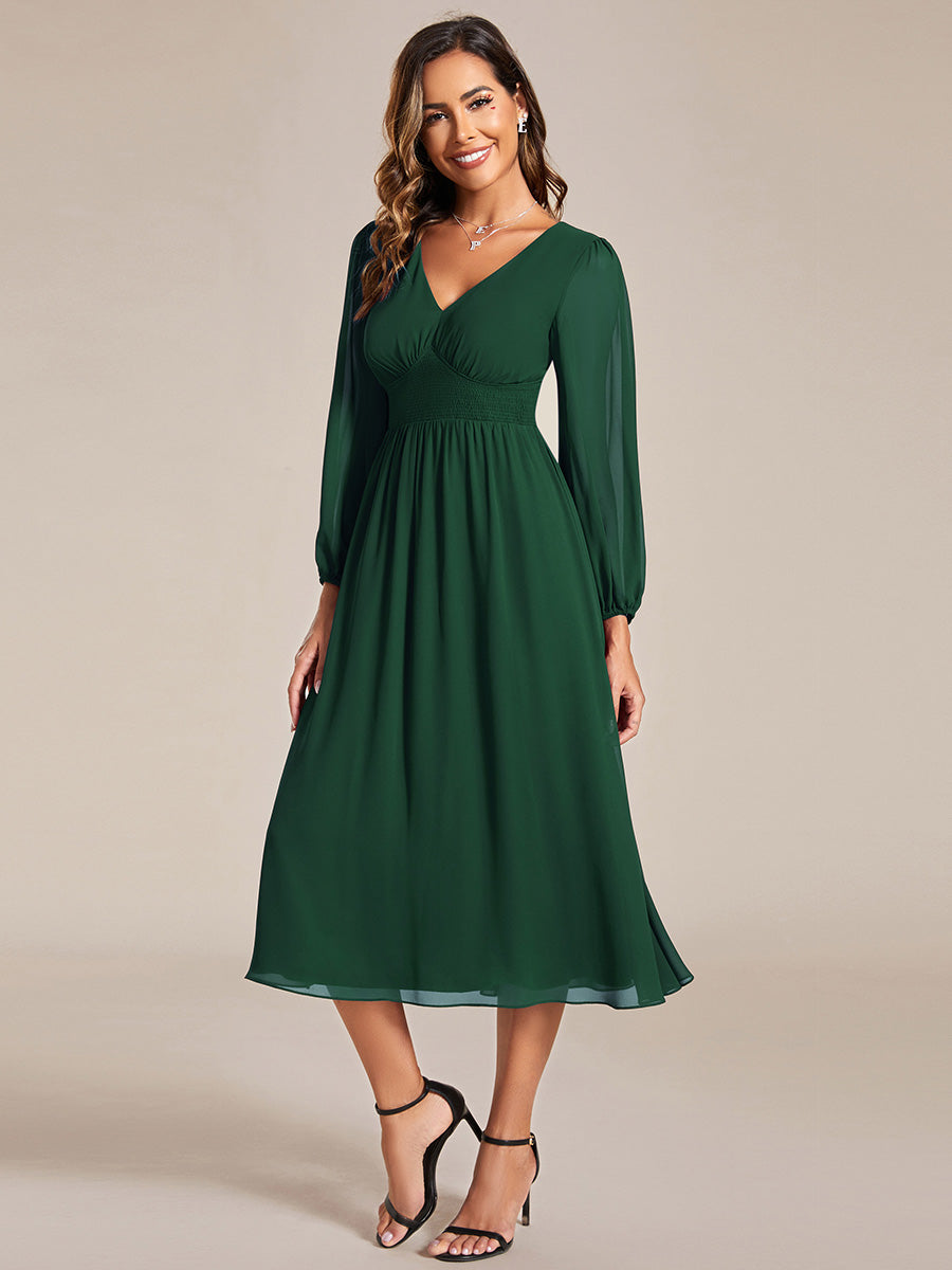 Knee Length Long Sleeves Chiffon Wholesale Wedding Guest Dresses#Color_Dark Green