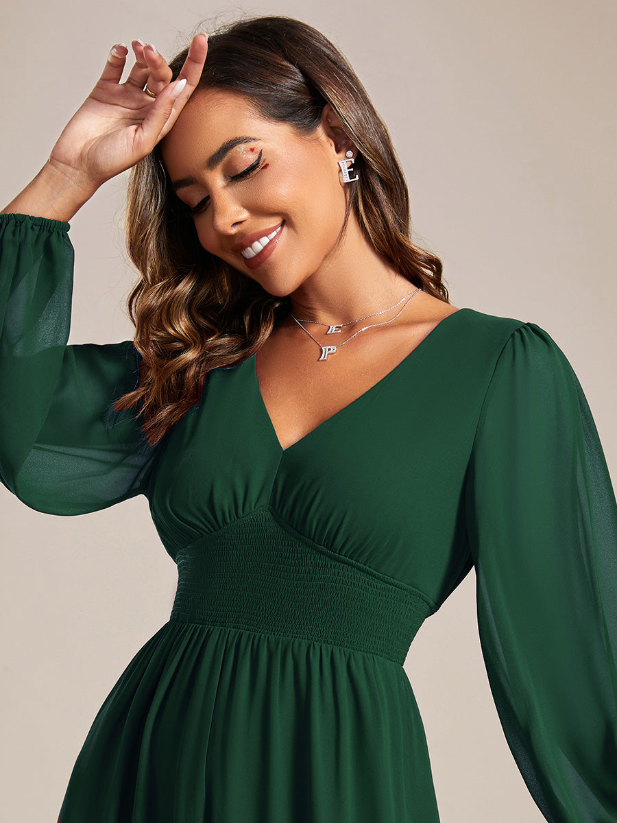 Plus Size Knee Length Chiffon Wholesale Wedding Guest Dresses With Long Sleeves#Color_Dark Green