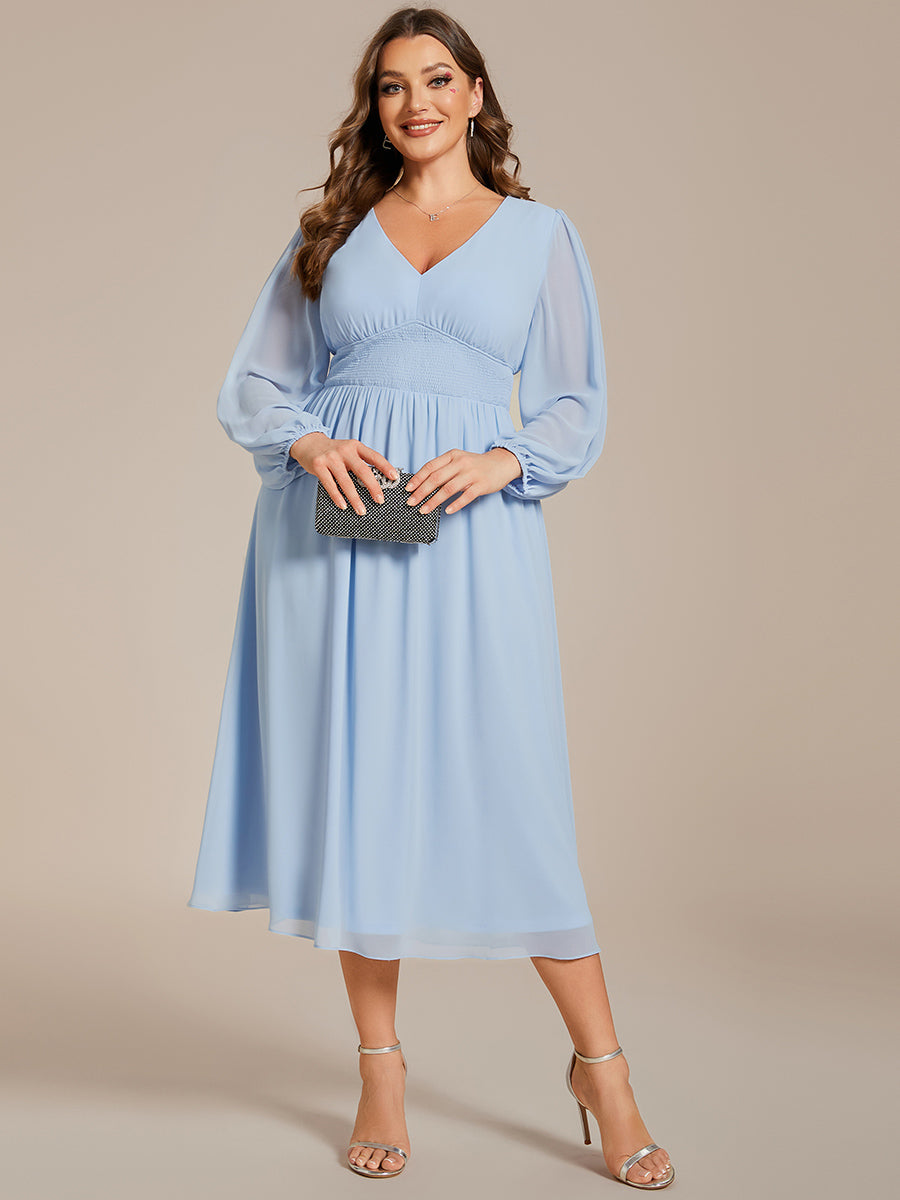 Color=Ice blue | Plus Size Knee Length Chiffon Wholesale Wedding Guest Dresses With Long Sleeves-Ice blue 11
