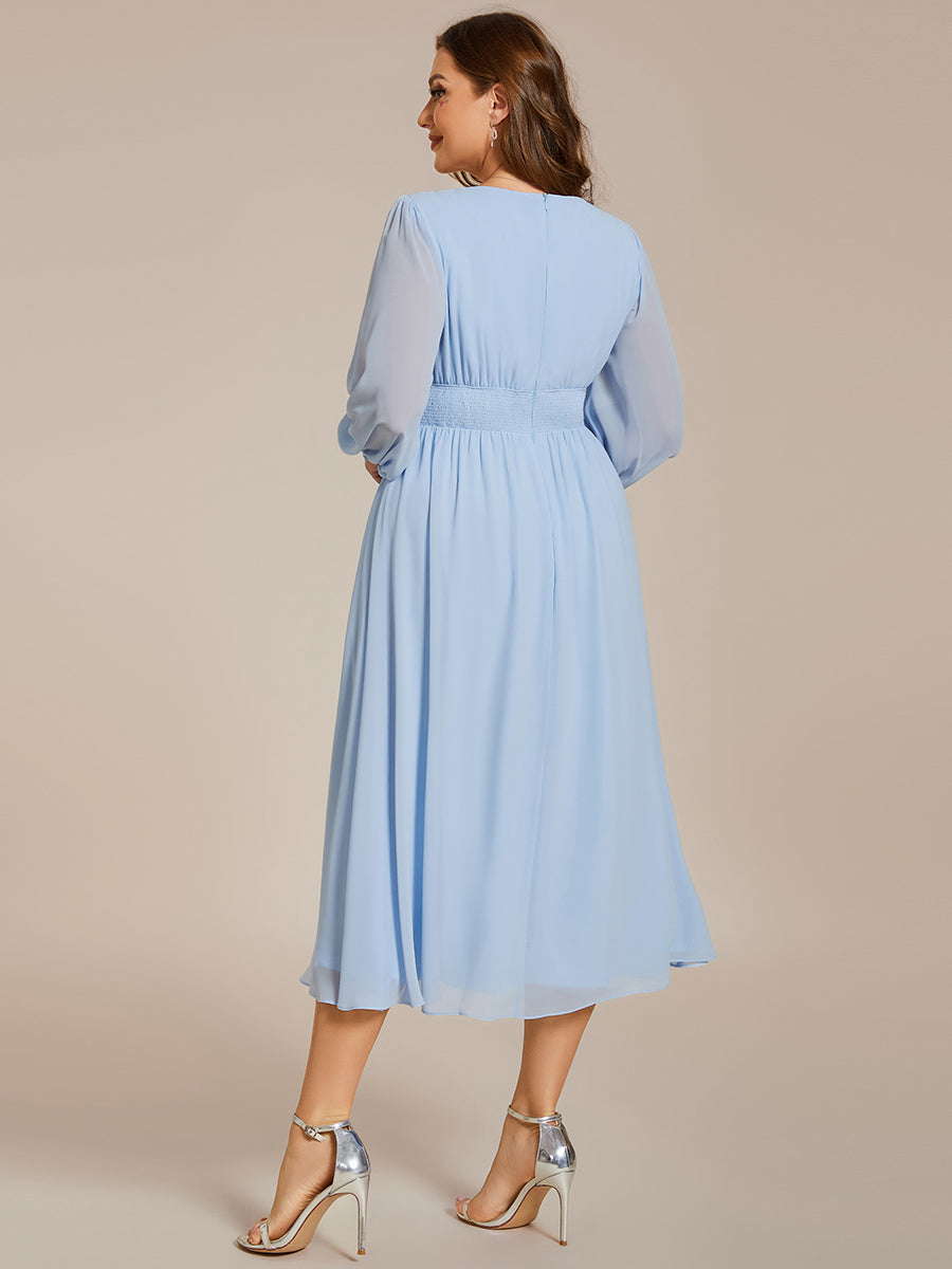 Color=Ice blue | Plus Size Knee Length Chiffon Wholesale Wedding Guest Dresses With Long Sleeves-Ice blue 12