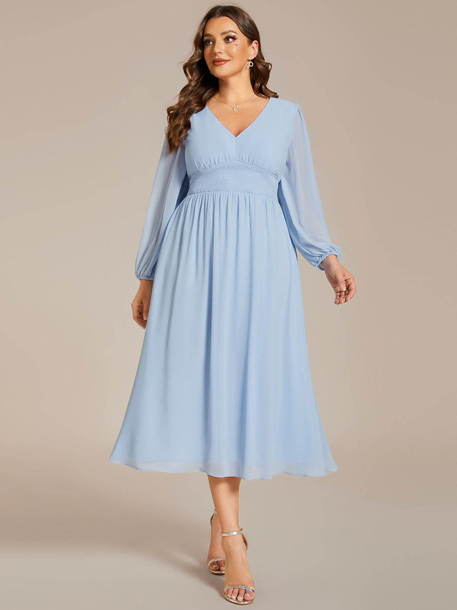 Color=Ice blue | Plus Size Knee Length Chiffon Wholesale Wedding Guest Dresses With Long Sleeves-Ice blue 15