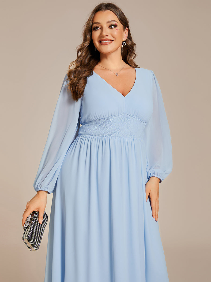 Color=Ice blue | Plus Size Knee Length Chiffon Wholesale Wedding Guest Dresses With Long Sleeves-Ice blue 14