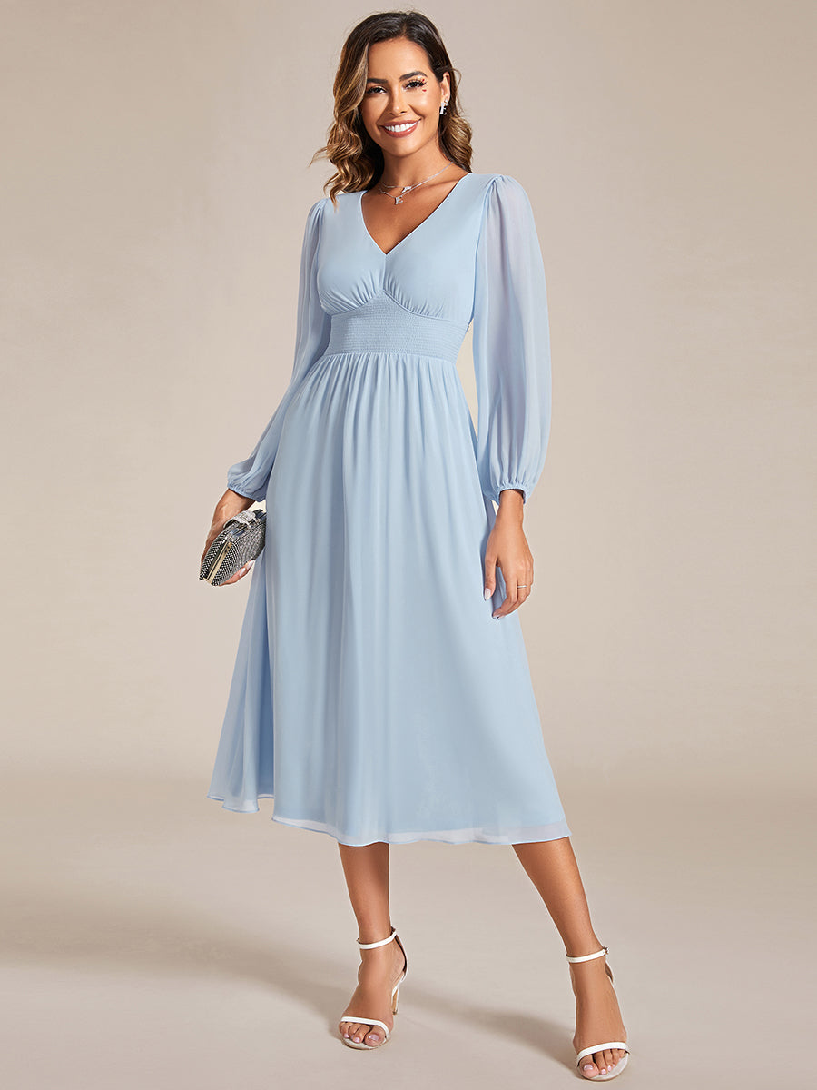 Knee Length Long Sleeves Chiffon Wholesale Wedding Guest Dresses#Color_Ice Blue