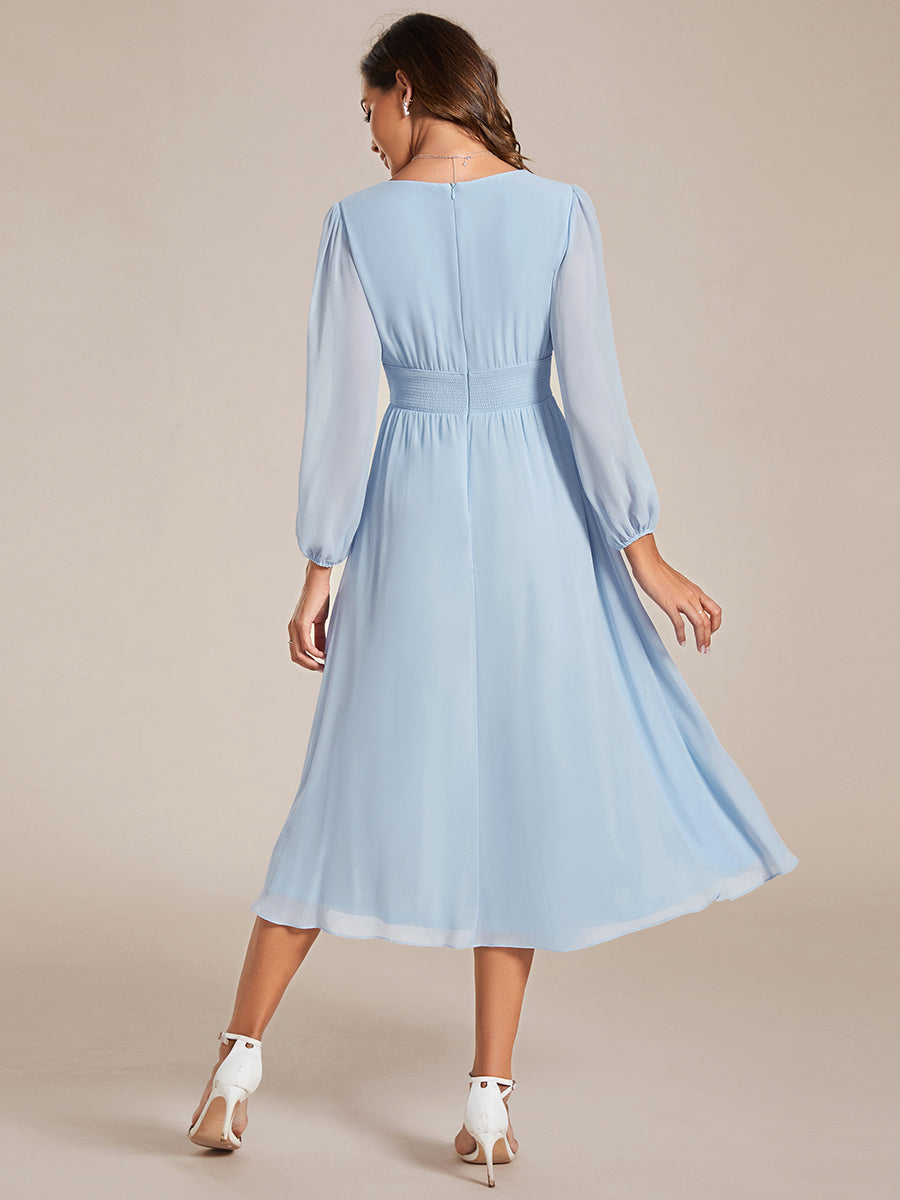 Knee Length Long Sleeves Chiffon Wholesale Wedding Guest Dresses#Color_Ice Blue