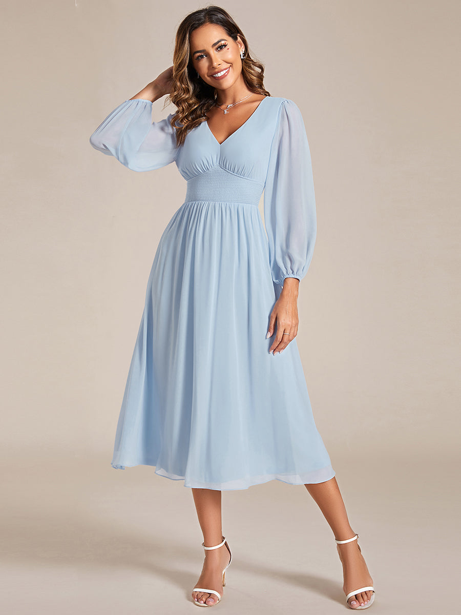 Knee Length Long Sleeves Chiffon Wholesale Wedding Guest Dresses#Color_Ice Blue