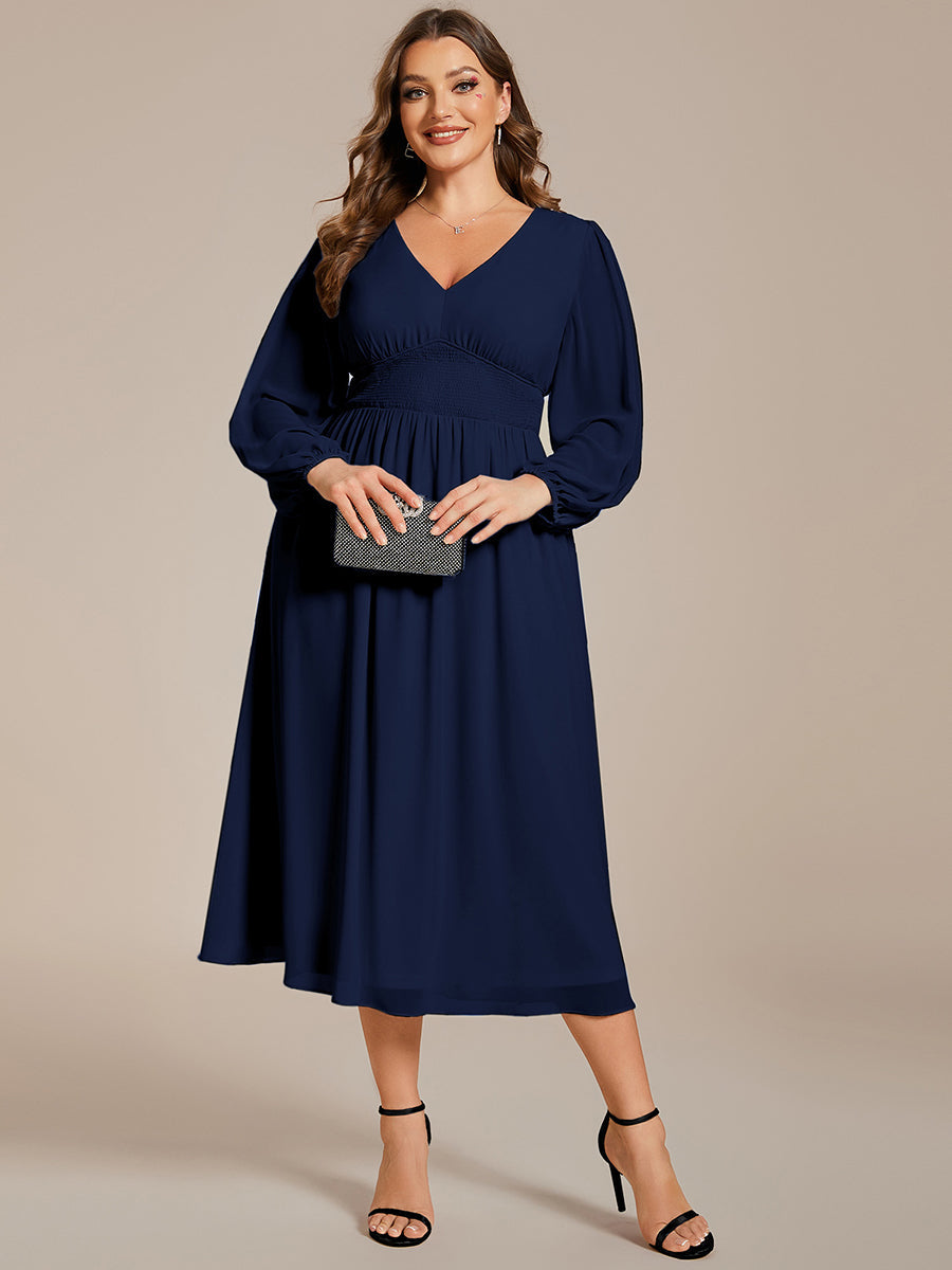 Color=Navy Blue | Plus Size Knee Length Chiffon Wholesale Wedding Guest Dresses With Long Sleeves-Navy Blue 26