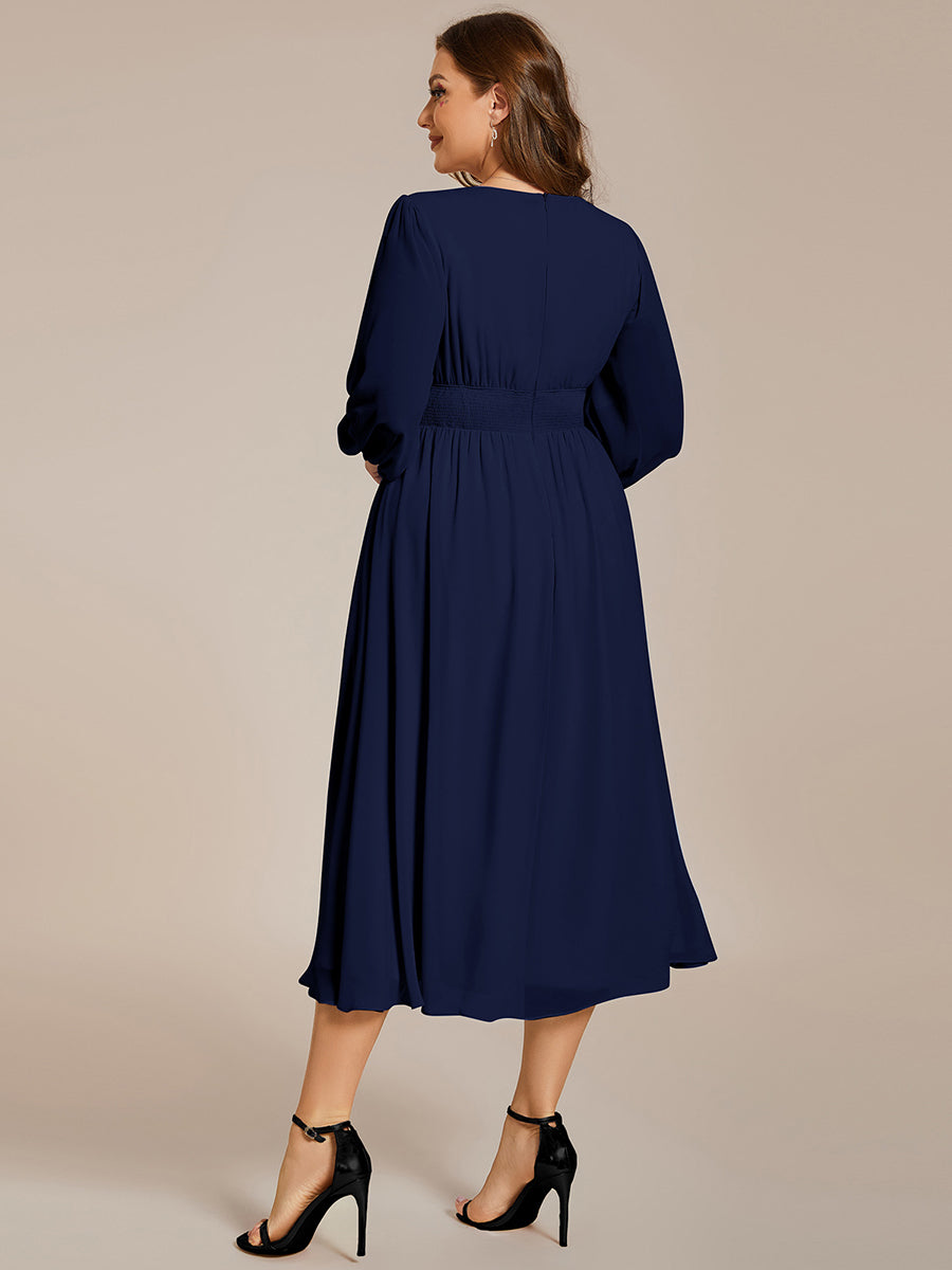Color=Navy Blue | Plus Size Knee Length Chiffon Wholesale Wedding Guest Dresses With Long Sleeves-Navy Blue 27
