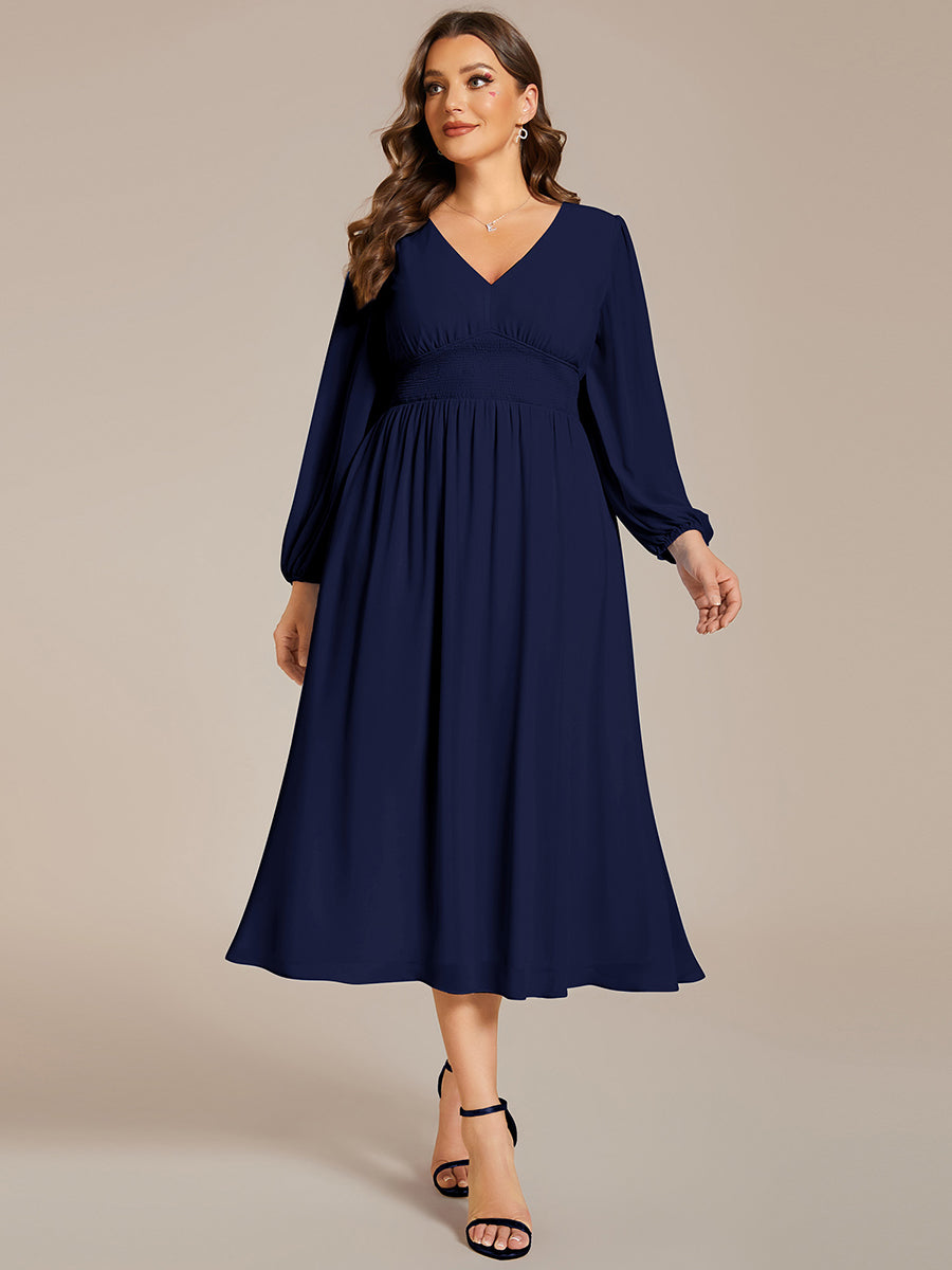 Color=Navy Blue | Plus Size Knee Length Chiffon Wholesale Wedding Guest Dresses With Long Sleeves-Navy Blue 29